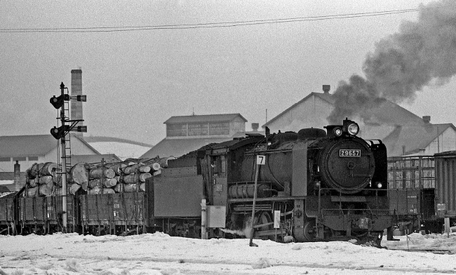 伐採したばかりの丸太を積み上げた貨車（1972年2月美幌駅）